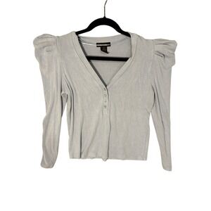 Design 365 Puff Sleeve Top Womens Small‎ Blue Henley V-Neck Ribbed Knit